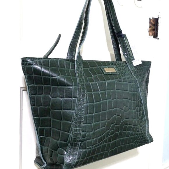 NEW Assots London AGNES Forest Green Croc 100% Leather Satchel Handbag Purse Zip - Picture 5 of 12